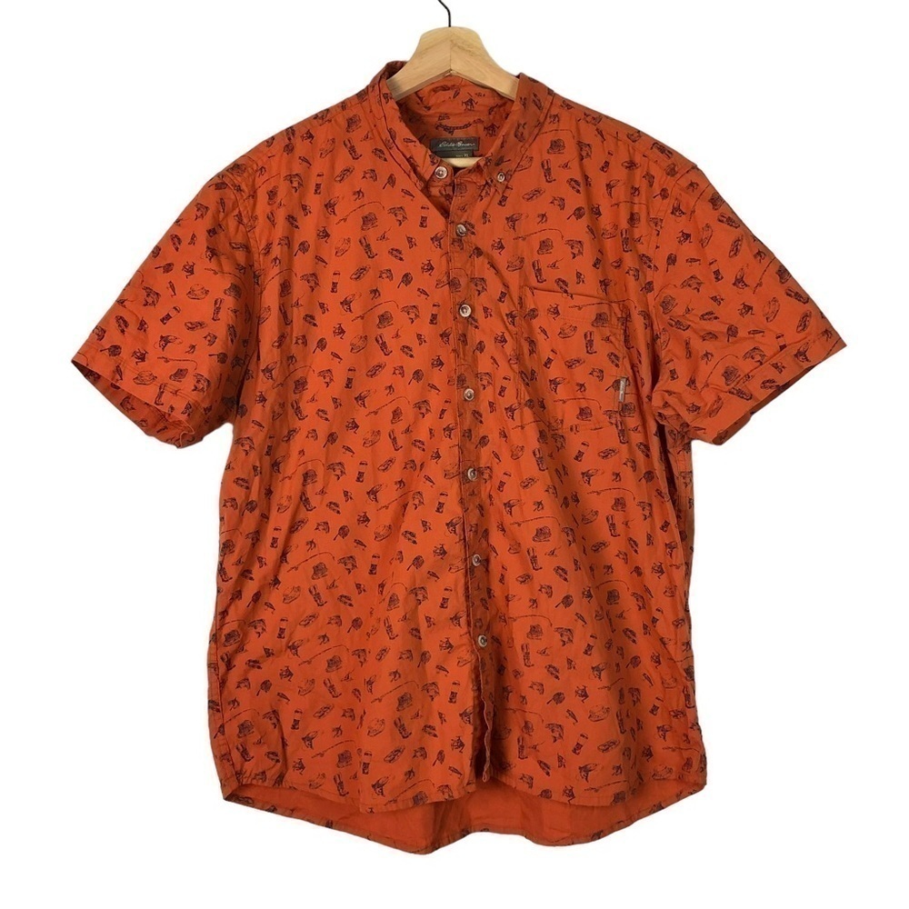 Eddie Bauer Orange Fishing Fish Short Sleeve Button Down XL